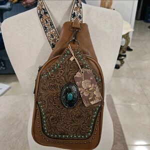 Sam And Hadley Brown Embossed Sling Bag with Turquoise Accents Western NWT Aztec